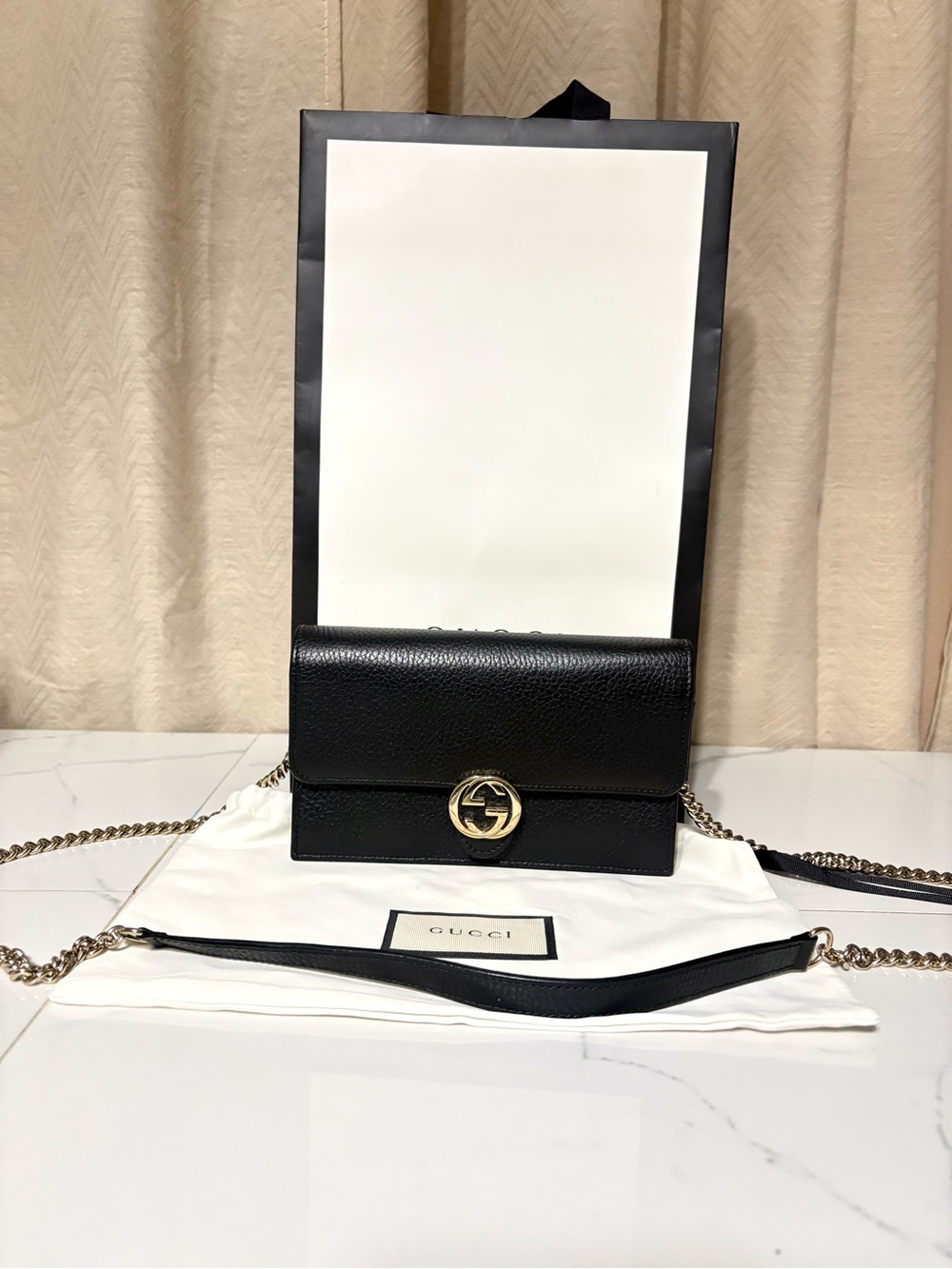 Gucci Black Pebbled Leather Crossbody with Gold Interlocking G